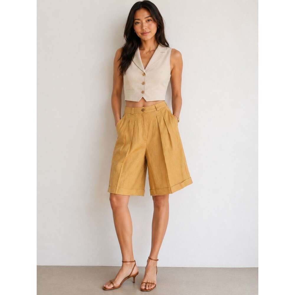 AF All About Fashion Vintage Linen Shorts Womens 8 Mustard High Rise Pleated USA